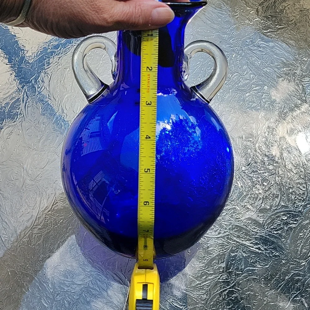 Vintage Blenko Cobalt Blue Clear Crystal Handmade Blown Glass Vase Urn Rare 8x6